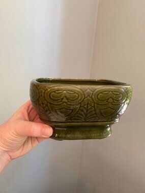 Vintage Green American Bisque Ceramic Planter 6" Ornate Scroll & Bow Design With